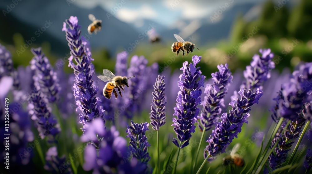 Bees are seen buzzing around vibrant lavender flowers, showcasing their role in pollination and the beauty of a thriving garden full of life and color. Bees are seen buzzing around vibrant lavender flowers, showcasing their role in pollination and the beauty of a thriving garden full of life and color.