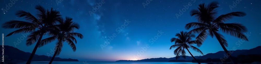 Naklejka premium Black palm trees silhouette under starry night sky in peaceful nature scene, palm trees, serene
