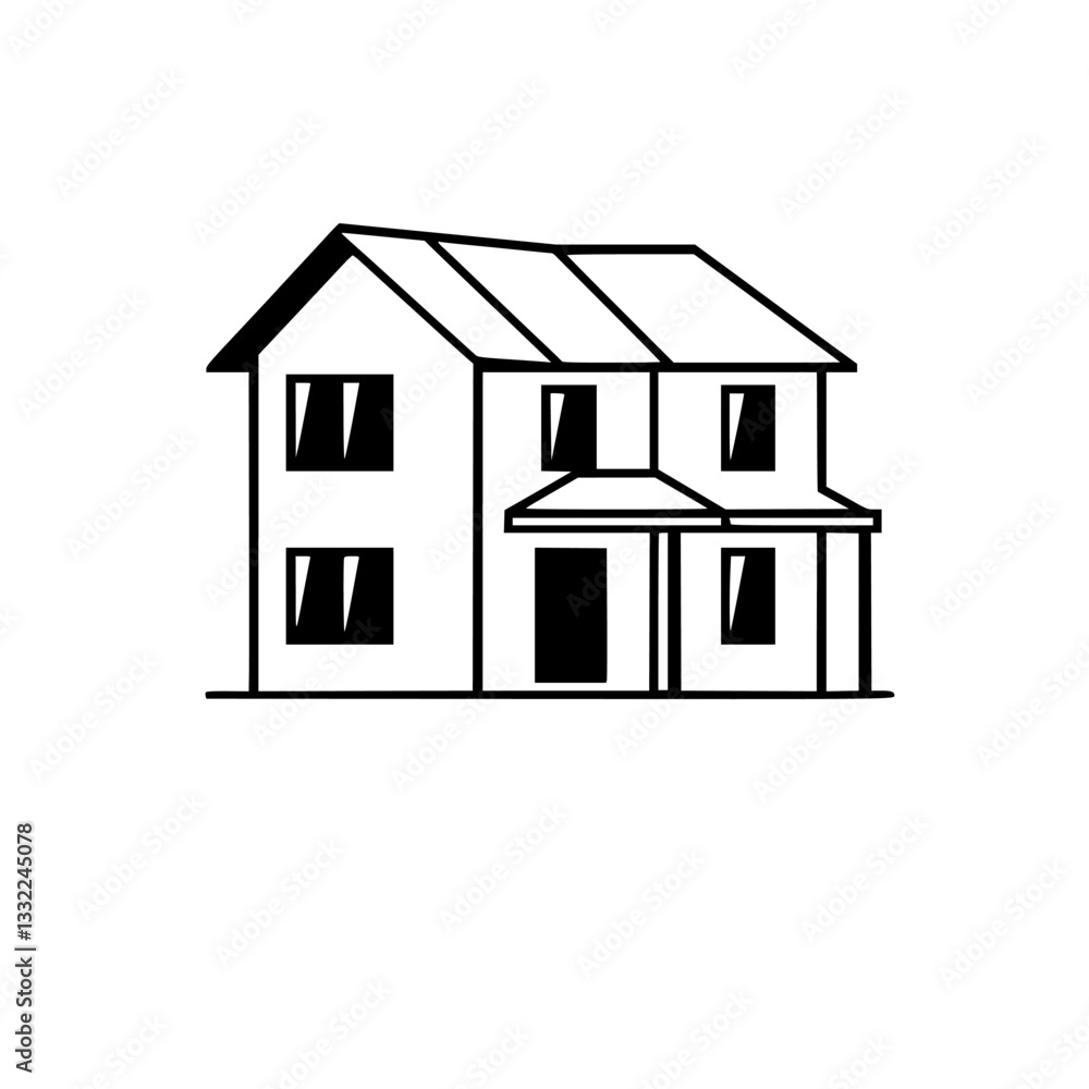 Two-story house icon rendered in a clean black and white line art style, featuring symmetrical windows, a front porch, and a gable roof. Two-story house icon rendered in a clean black and white line art style, featuring symmetrical windows, a front porch, and a gable roof.
