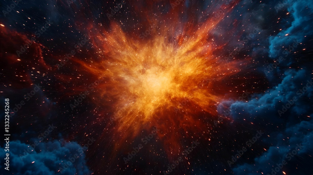 Fototapeta premium A vibrant cosmic explosion igniting in a starry sky, showcasing shades of orange and blue, representing the beauty of the universe.