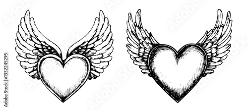 vintage winged heart vector set in engraved tattoo style