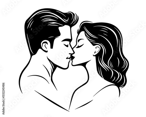 romantic couple kissing vector illustration in line art style