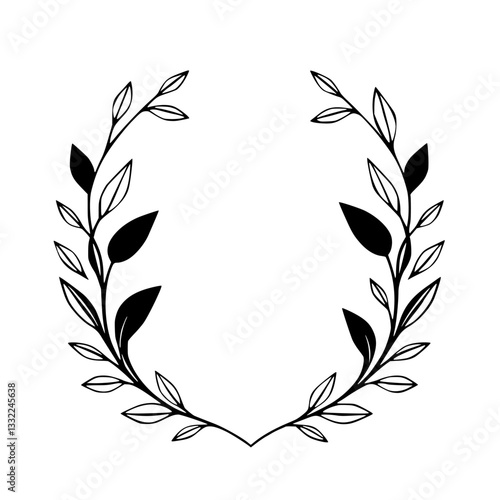 Elegant symmetrical wreath design composed of detailed black leaf branches, framed against a pristine white background, ideal for minimalist invitations.