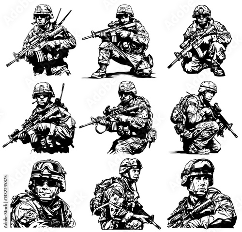 armed soldier illustrations in detailed hand-drawn engraving look