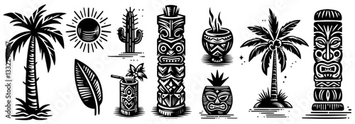 tiki bar elements and tropical symbols vector set
