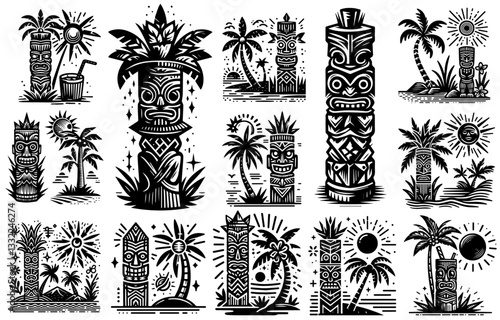 tiki totem and tropical island vector illustration set