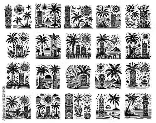 tribal tropical landscape vector set with palm trees and totems