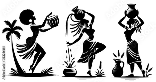 african women with water pots and drum vector silhouettes