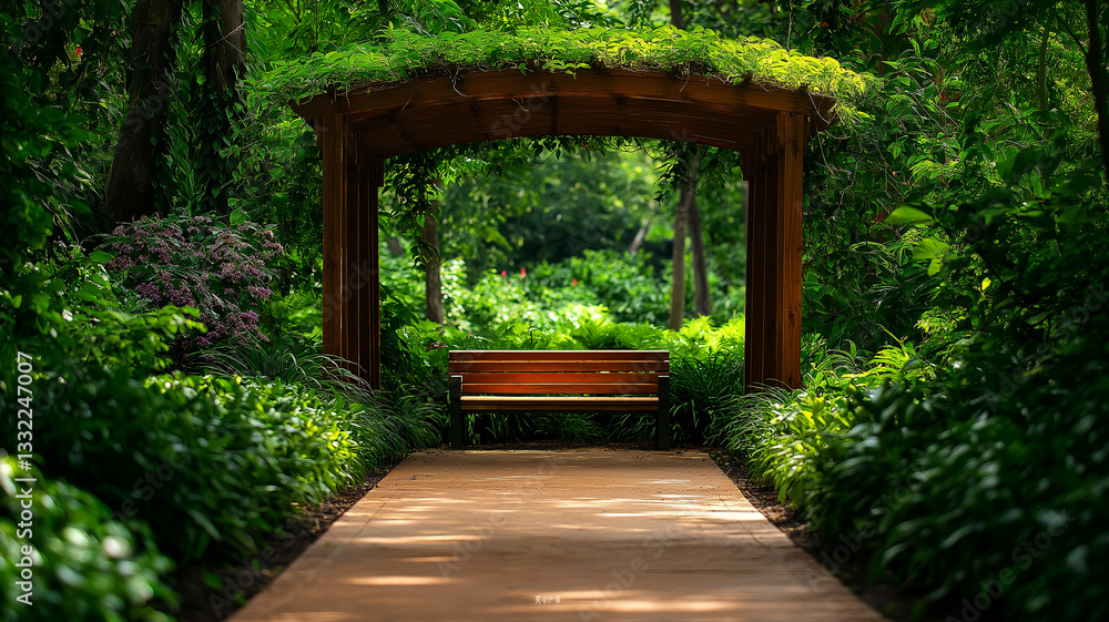 wooden pergola with lush greenery frames serene bench in vibrant garden, inviting relaxation and tranquility amidst nature beauty wooden pergola with lush greenery frames serene bench in vibrant garden, inviting relaxation and tranquility amidst nature beauty