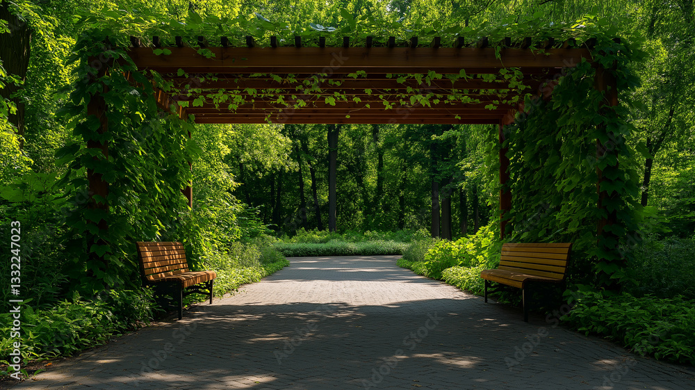 serene wooden pergola adorned with lush greenery frames peaceful pathway, inviting relaxation on benches. Nature beauty surrounds this tranquil spot serene wooden pergola adorned with lush greenery frames peaceful pathway, inviting relaxation on benches. Nature beauty surrounds this tranquil spot