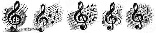 music note composition with treble clef and motion blur effect black and white