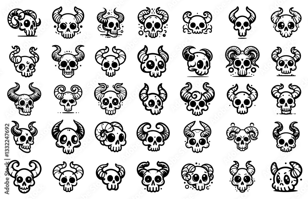 cartoon skulls with horns collection black and white vector set cartoon skulls with horns collection black and white vector set