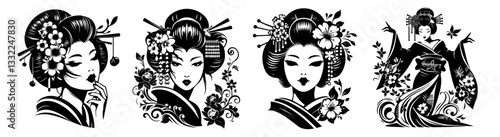 elegant geisha illustrations in vintage japanese art style black and white collection
