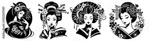 traditional japanese geisha portraits with hair ornaments and kimono black and white vector set