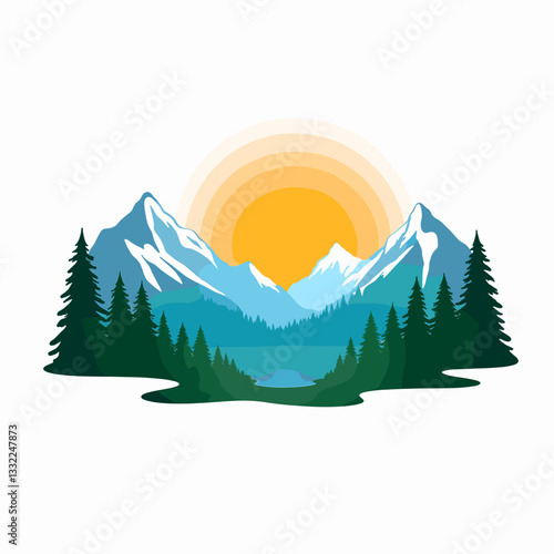 Mountain landscape with sun rising over tranquil lake, natural beauty