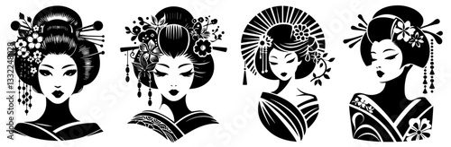 japanese geisha portraits in traditional kimono black and white vector set