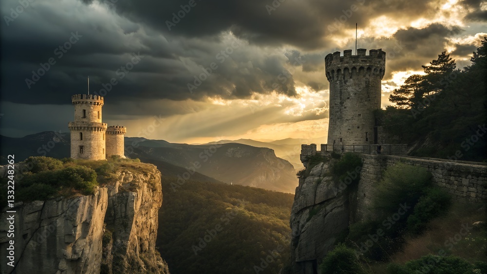 Majestic image of two ancient castle towers standing proudly against a clear sky, showcasing the beauty of historical architecture and cultural heritage. Majestic image of two ancient castle towers standing proudly against a clear sky, showcasing the beauty of historical architecture and cultural heritage.