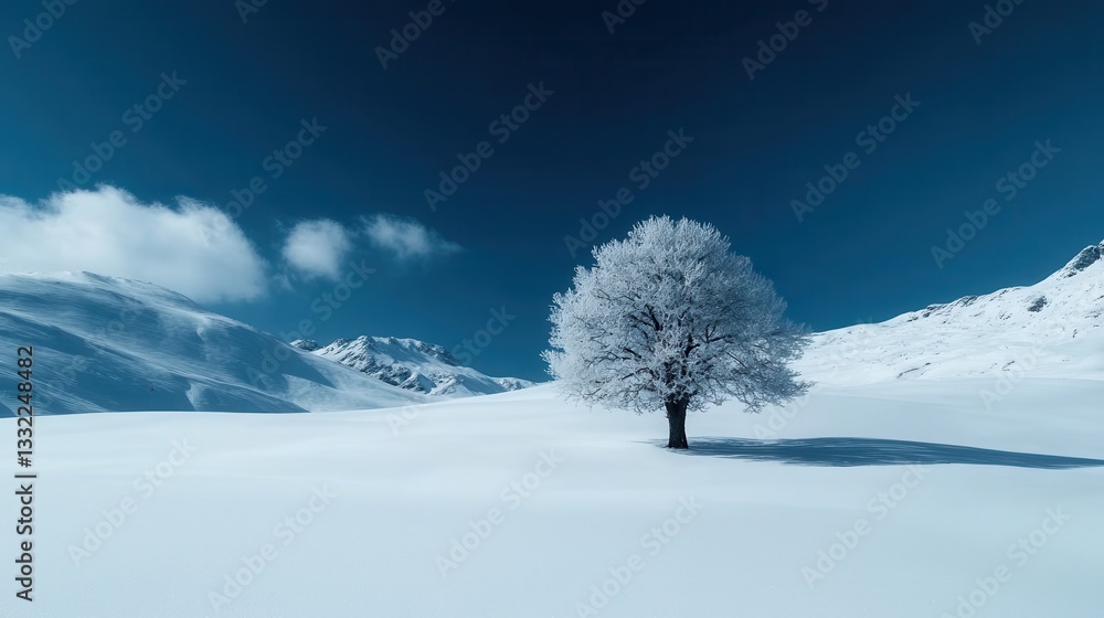 A snow-covered tree stands majestically under a clear blue sky, framed by rolling hills, capturing the essence of winter's beauty and the serenity of a snowy landscape. A snow-covered tree stands majestically under a clear blue sky, framed by rolling hills, capturing the essence of winter's beauty and the serenity of a snowy landscape.
