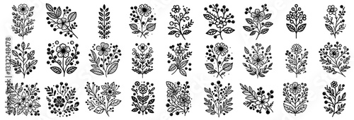 folk floral ornament bouquet collection in decorative vector silhouette style