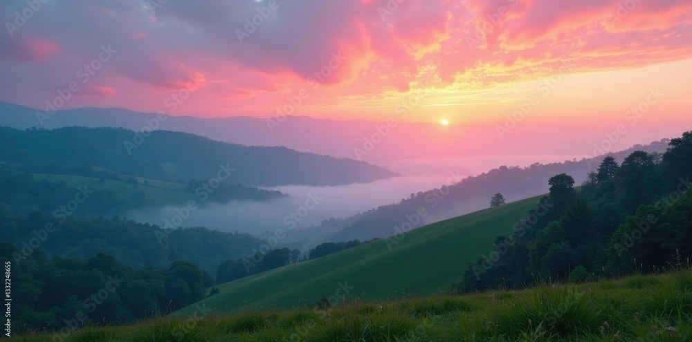 Obraz premium Rolling hills shrouded in fog, vibrant sky above, sky, shadow, drone