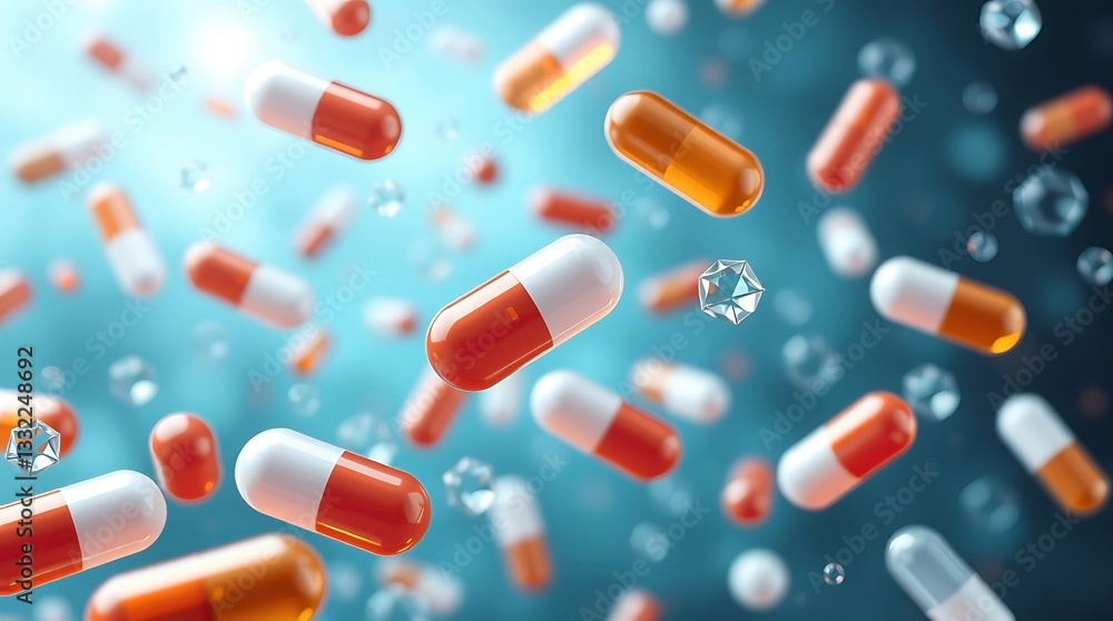 Pharmaceutical Background with Floating Capsules and Transparent Pills in 3D Style Pharmaceutical Background with Floating Capsules and Transparent Pills in 3D Style