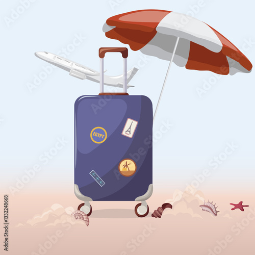 Suitcase for travel on the beach under an umbrella and with a departing plane.Travel-related marketing materials such as websites, brochures, representing luggage, packing, or travel preparation