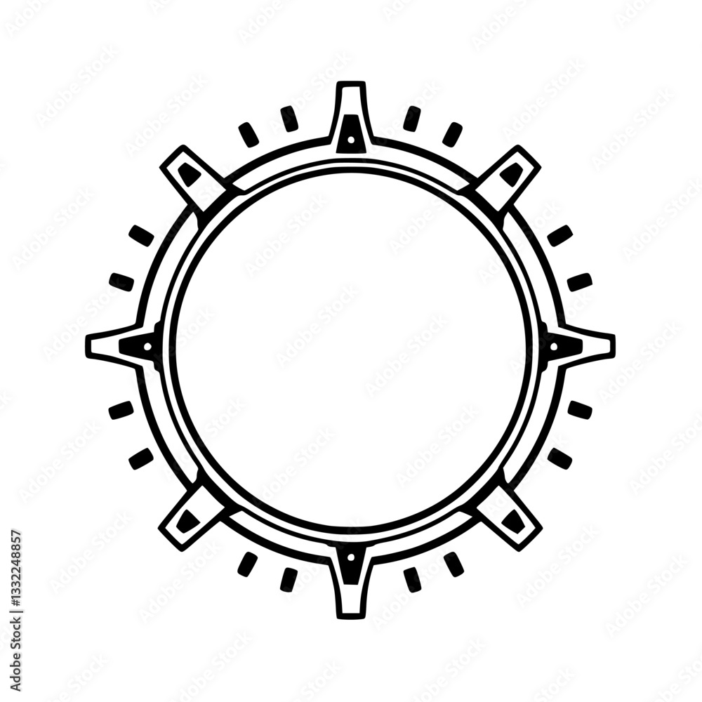 Minimalist black and white circular gear design with angular protrusions and dotted accents, isolated on white background, featuring a geometric aesthetic. Minimalist black and white circular gear design with angular protrusions and dotted accents, isolated on white background, featuring a geometric aesthetic.
