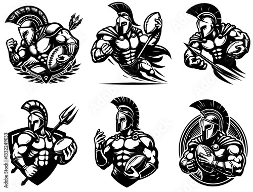 spartan football warriors in dynamic poses black and white vector mascot set