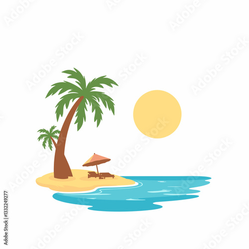 Serene beach scene with sun and palm trees, tropical relaxation