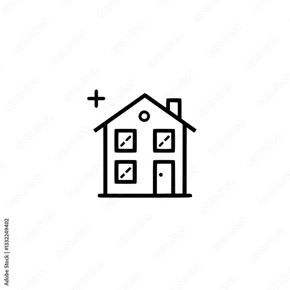 Stylized vector house icon with chimney and plus sign above roof isolated on a Modern clean single line icon Stylized vector house icon with chimney and plus sign above roof isolated on a Modern clean single line icon
