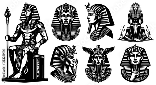 ancient egyptian pharaoh and queen portraits black and white vector set