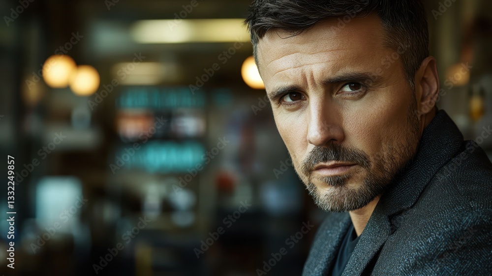 Confident Man in a Stylish Blazer, Intense Gaze, Cinematic Portrait Confident Man in a Stylish Blazer, Intense Gaze, Cinematic Portrait