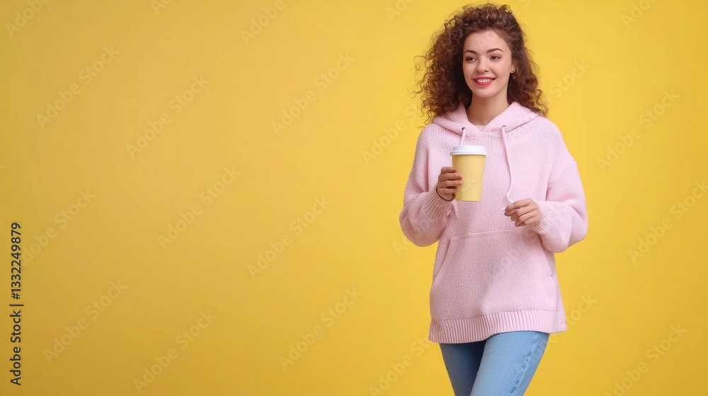 Young Woman in Pink Hoodie Holding Coffee Cup Against Yellow Background Young Woman in Pink Hoodie Holding Coffee Cup Against Yellow Background