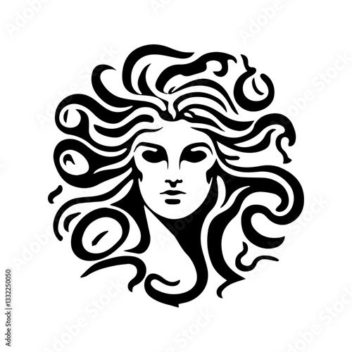 mythological medusa female head with flowing hair black and white vector illustration