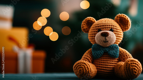 Wallpaper Mural Handmade knitted teddy bear with bow tie, surrounded by festive lights and gifts, evokes warmth and nostalgia. Perfect for holiday decor or as thoughtful gift Torontodigital.ca