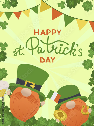 St. Patrick s Day greeting card. Two cute leprechauns holding a flag and a mug of beer, a horseshoe and a coin. Greeting card or party invitation. Green background.