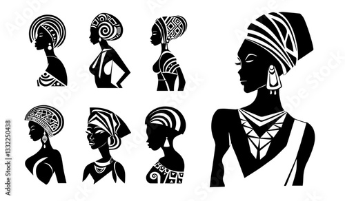 african women silhouettes with traditional headwraps black and white vector set