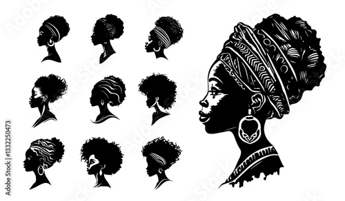 african woman profiles with natural hairstyles in elegant black vector silhouette