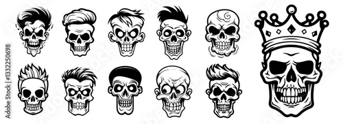 stylish skull heads with haircuts and crown black and white vector illustration set