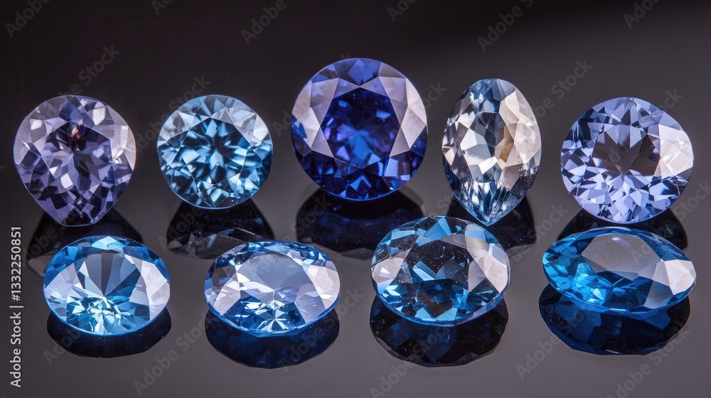 A close-up of polished blue sapphires in various cuts, reflecting light against a dark background. A close-up of polished blue sapphires in various cuts, reflecting light against a dark background.
