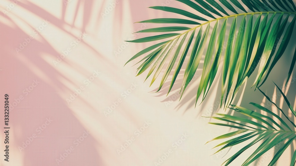 Fototapeta premium Vibrant green palm leaves casting elegant shadows on a pastel-colored background, tropical summer minimal aesthetic for fresh modern designs