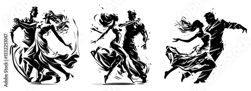 elegant ballroom dancing couples in dynamic black silhouette vector