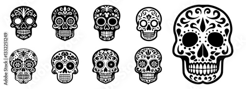decorative sugar skull vector set for day of the dead celebration black and white