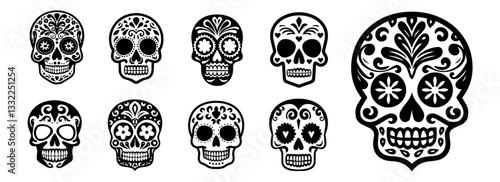 set of sugar skulls in day of the dead style black and white vector illustration