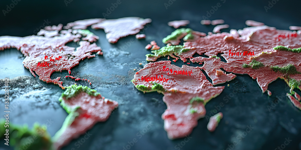 Fototapeta premium Three-Dimensional World Map with Selected City Labels