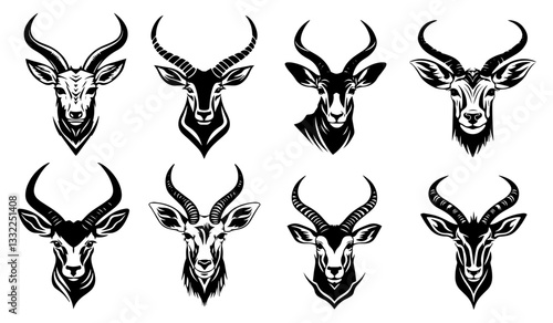 stylized antelope and gazelle head illustrations with bold tribal design elements
