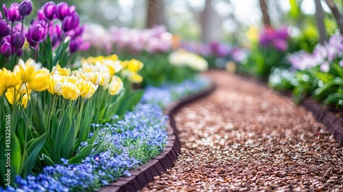 Colorful Spring Tulips and Flowers Along Garden Path