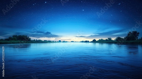 Serene Night River Landscape Under Starlit Sky