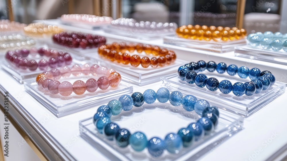 A collection of handcrafted gemstone bracelets arranged in a high-end jewelry boutique. A collection of handcrafted gemstone bracelets arranged in a high-end jewelry boutique.