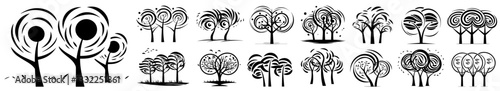 set of abstract decorative tree illustrations with rounded canopies and stylized trunks